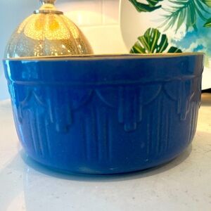 VTG Early Blue Art Deco Design Bowl Stoneware Pottery Made in USA Stamped 7"